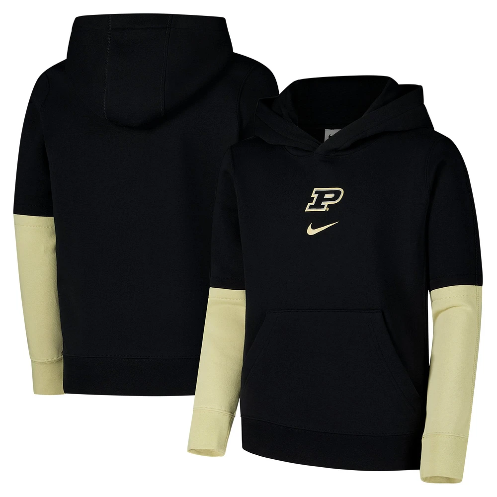 Youth Nike Black Purdue Boilermakers 2024 Sideline Club Fleece Color Block Pullover Hoodie