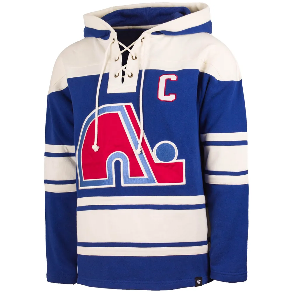 Chandail à capuchon pour hommes '47 Joe Sakic Blue Quebec Nordiques Lacer Player Name & Number Pullover