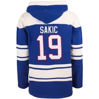 Chandail à capuchon pour hommes '47 Joe Sakic Blue Quebec Nordiques Lacer Player Name & Number Pullover