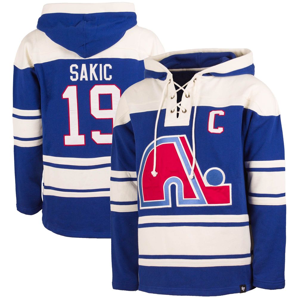 Men's '47 Joe Sakic Blue Quebec Nordiques Lacer Player Name & Number Pullover Hoodie