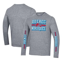 Men's Champion Heather Gray Quebec Nordiques Tri-Blend Dual-Stripe Long Sleeve T-Shirt