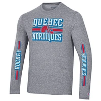 Men's Champion Heather Gray Quebec Nordiques Tri-Blend Dual-Stripe Long Sleeve T-Shirt