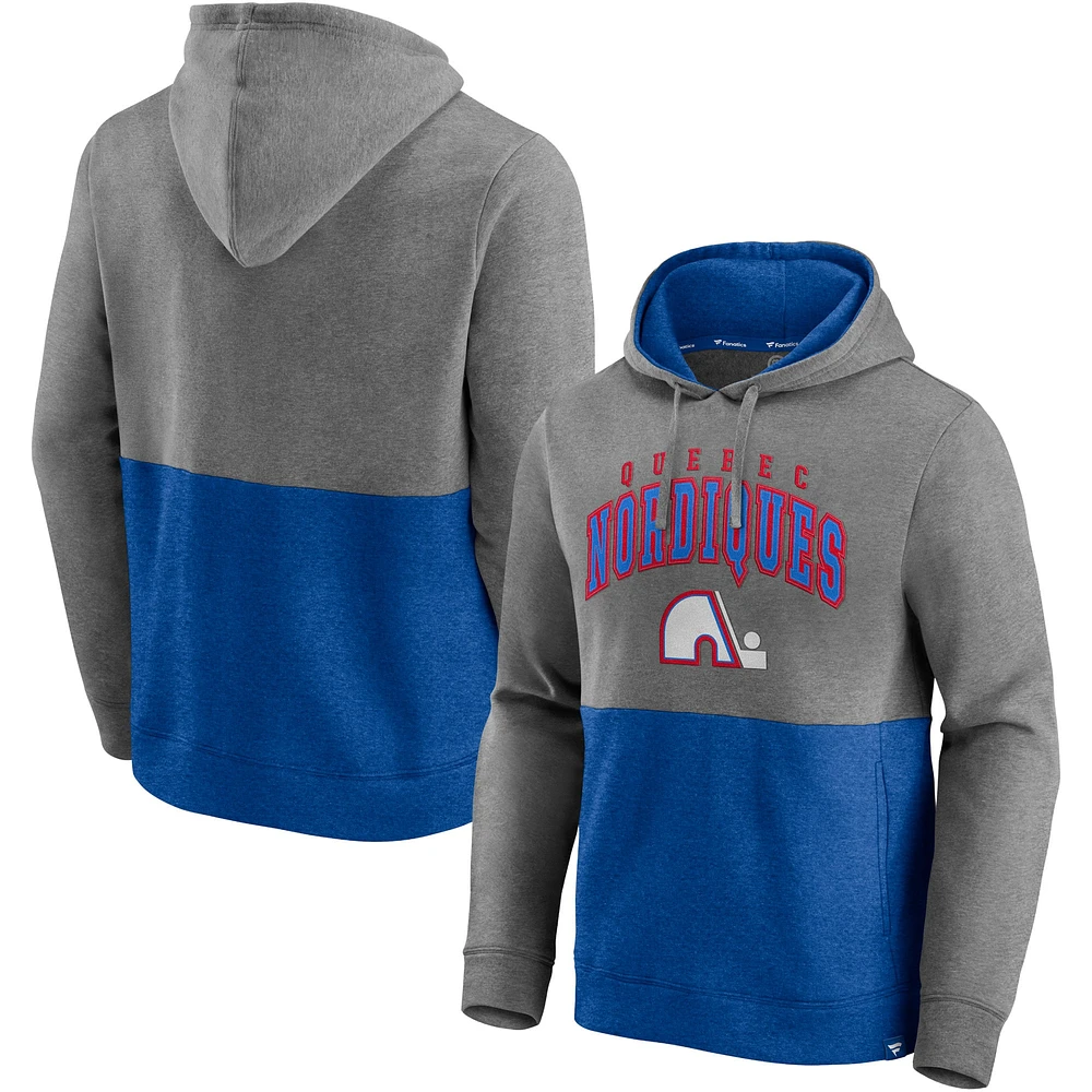 Men's Fanatics Quebec Nordiques Heathered Gray/Blue Block Party Classic Arch Signature - Pullover Hoodie