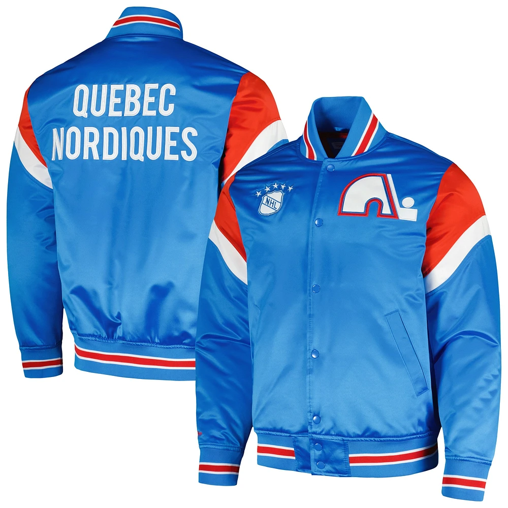 Veste à bouton-pression en satin d'épaisseur moyenne Mitchell & Ness pour hommes, Nordiques de Québec, bleu