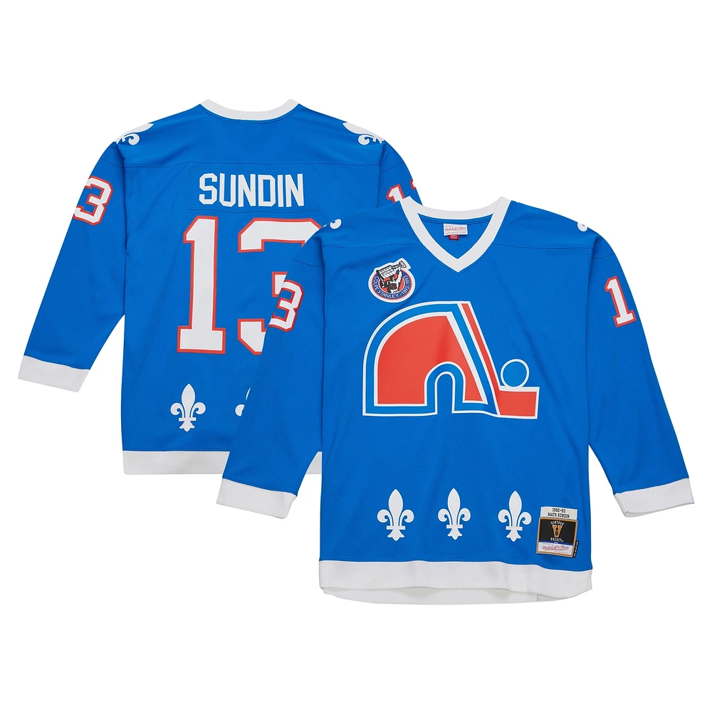 Maillot de joueur la ligne bleue Mitchell & Ness Mats Sundin bleu des Nordiques Québec 1992/93 pour hommes