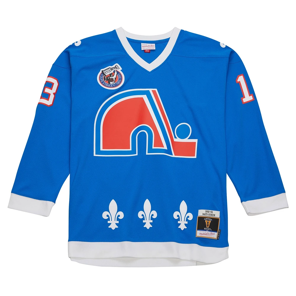 Maillot de joueur la ligne bleue Mitchell & Ness Mats Sundin bleu des Nordiques Québec 1992/93 pour hommes