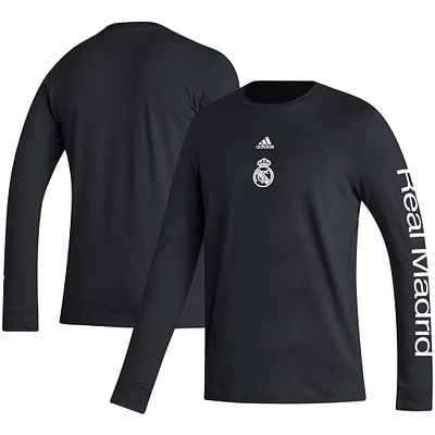 T-shirt adidas noir à manches longues avec écusson de l'équipe du Real Madrid pour hommes