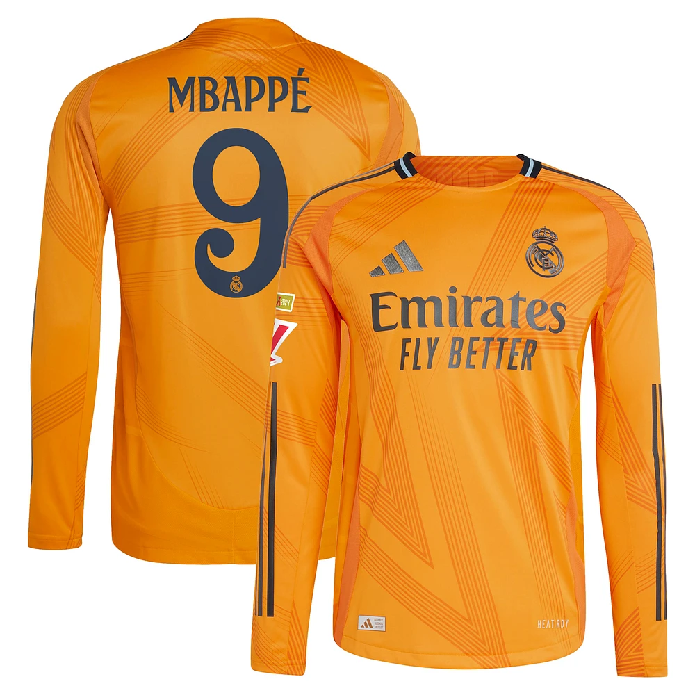 Maillot de joueur adidas Kylian Mbappé orange Real Madrid 2024/25 extérieur authentique à manches longues pour homme