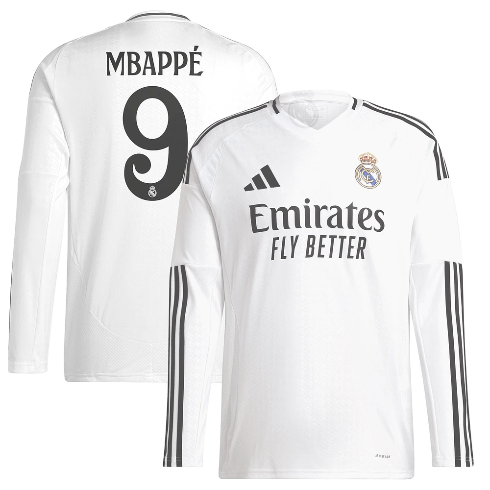 Maillot de joueur adidas Kylian Mbappé blanc à manches longues pour homme Real Madrid 2024/25 Domicile Replica