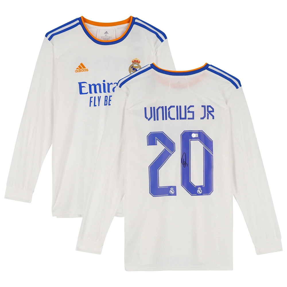 Maillot Adidas blanc à manches longues dédicacé par Vinicius Junior du Real Madrid