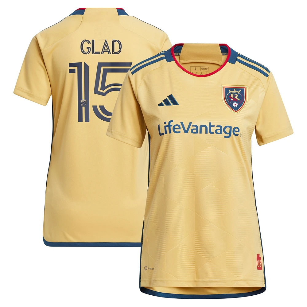 Women's adidas Justen Glad Gold Real Salt Lake 2023 The Beehive State Kit Replica Player Jersey