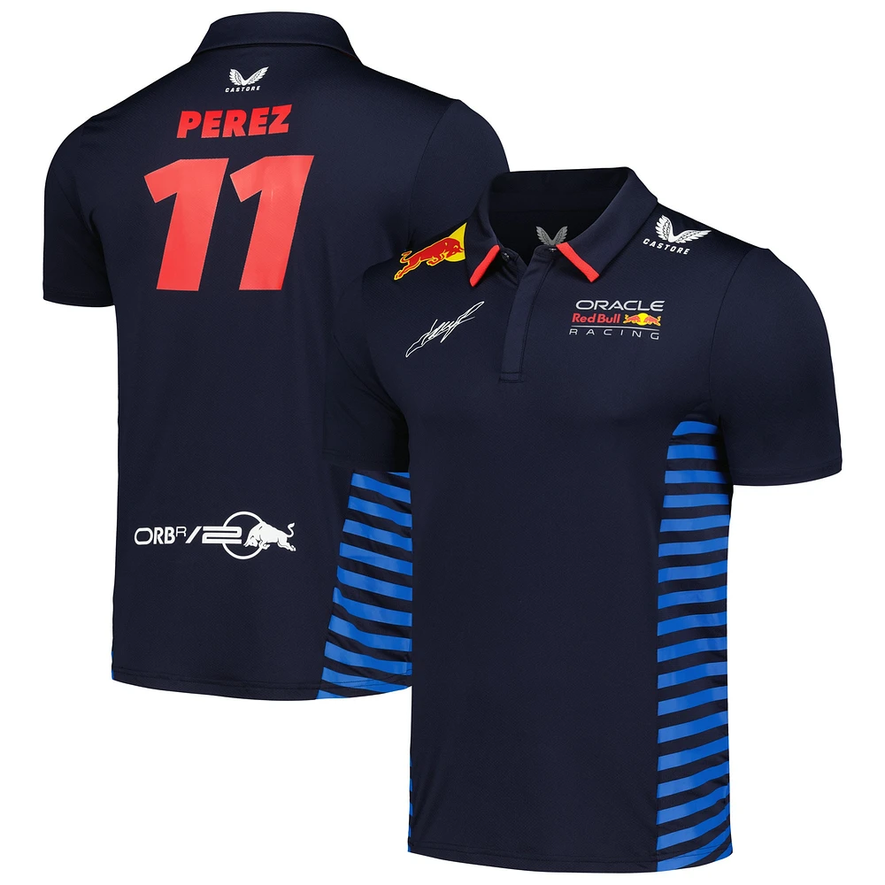 Polo de l'équipe Red Bull Racing 2024 Castore Sergio Pérez pour homme, bleu marine