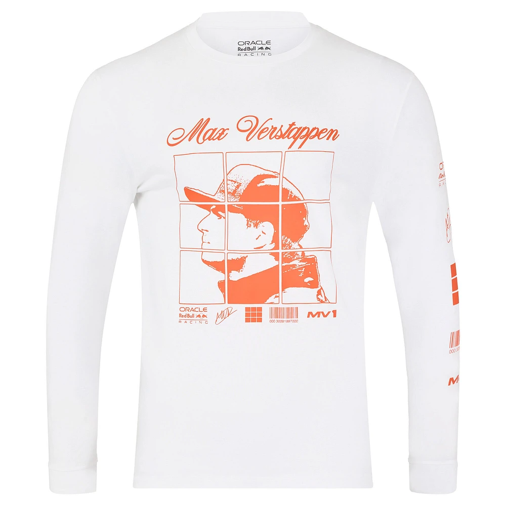 T-shirt à manches longues unisexe Max Verstappen blanc Red Bull Racing Driver Puzzle