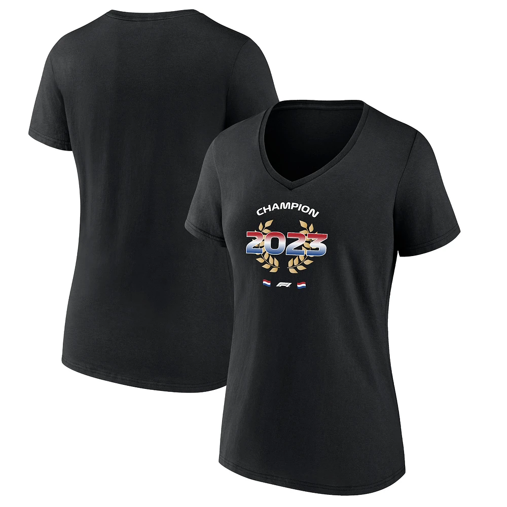 T-shirt noir à col en V avec drapeau du champion monde des pilotes F1 2023 Max Verstappen pour femme