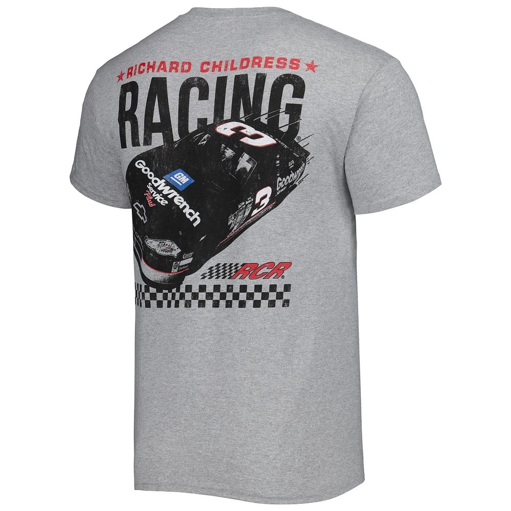 T-shirt de voiture à deux côtés Richard Childress Racing Goodwrench pour homme avec drapeau damier gris chiné