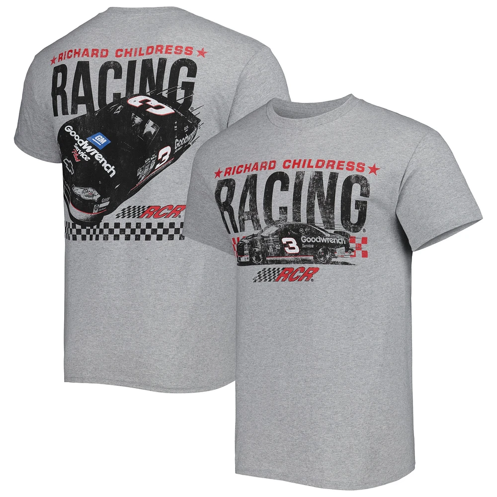 T-shirt de voiture à deux côtés Richard Childress Racing Goodwrench pour homme avec drapeau damier gris chiné