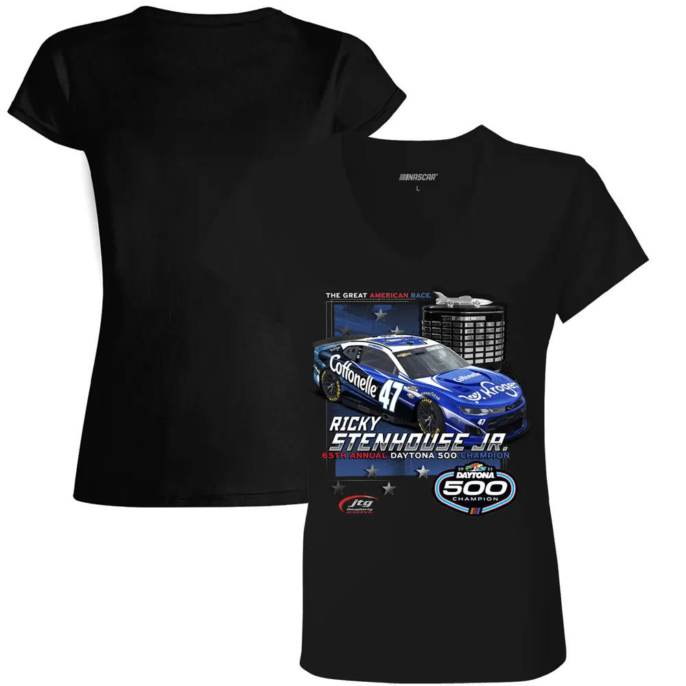 T-shirt à col en V Ricky Stenhouse Jr. 2023 Daytona 500 Champion noir pour femme avec drapeau damier