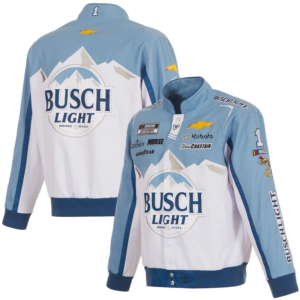 Men's JH Design White/Light Blue Ross Chastain Busch Light Full-Snap Twill Uniform Jacket