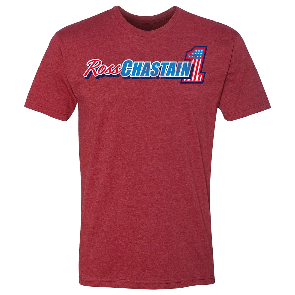 T-shirt pour homme Trackhouse Racing Team Collection Heather Red avec nom et numéro de Ross Chastain