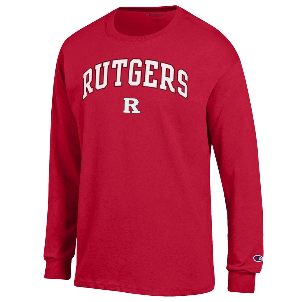T-shirt à manches longues avec logo Arch Over pour homme Champion Scarlet Rutgers Knights
