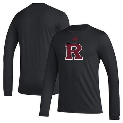 T-shirt d'avant-match noir à manches longues avec logo de casier principal Rutgers Scarlet Knights adidas pour hommes