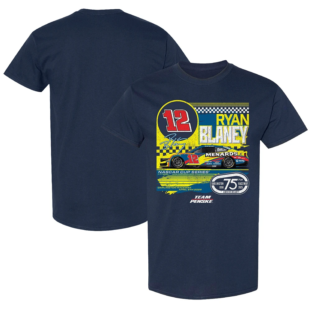 T-shirt rétro pour homme, motif drapeau à damier, bleu marine, Ryan Blaney Menards, Darlington Raceway