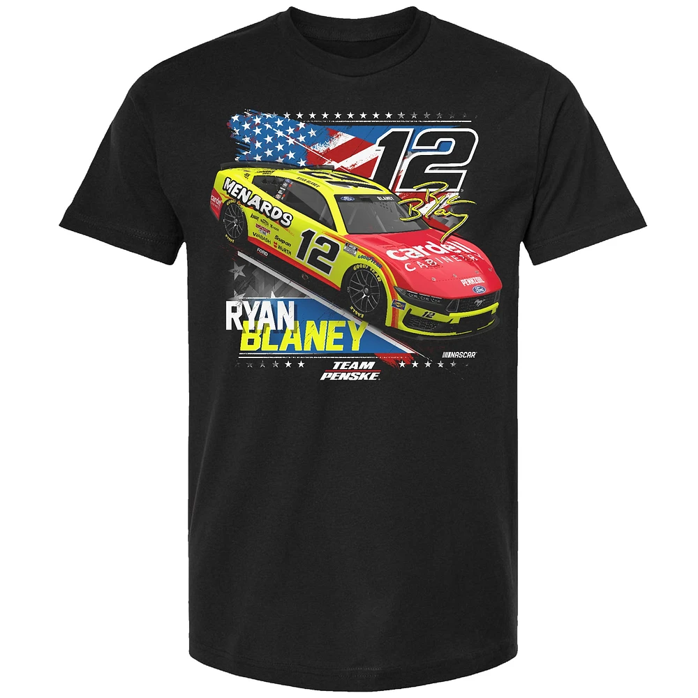 T-shirt patriotique de l'équipe Penske pour hommes, noir, avec l'emblème la voiture Ryan Blaney Menards