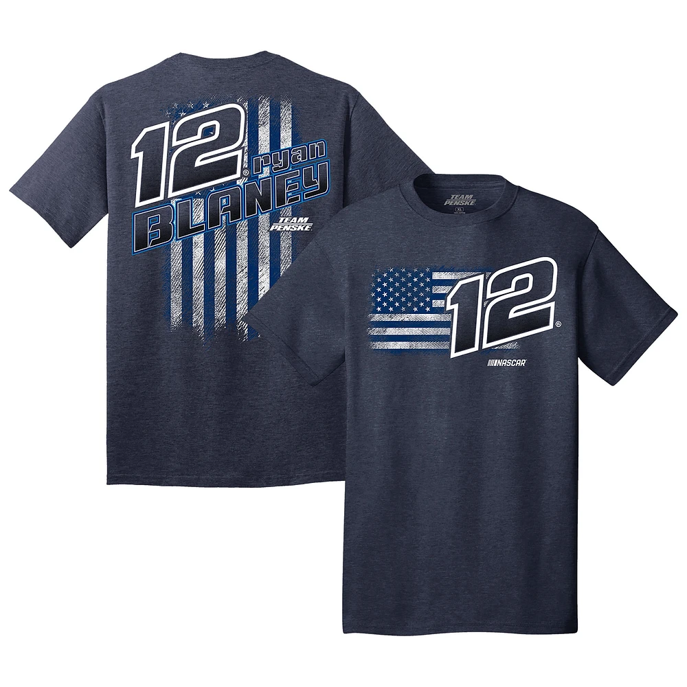 T-shirt tri-blend bleu marine chiné de l'équipe Penske pour homme avec drapeau Ryan Blaney