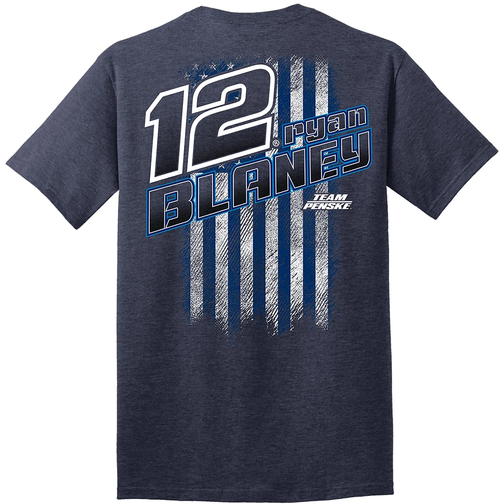 T-shirt tri-blend bleu marine chiné de l'équipe Penske pour homme avec drapeau Ryan Blaney