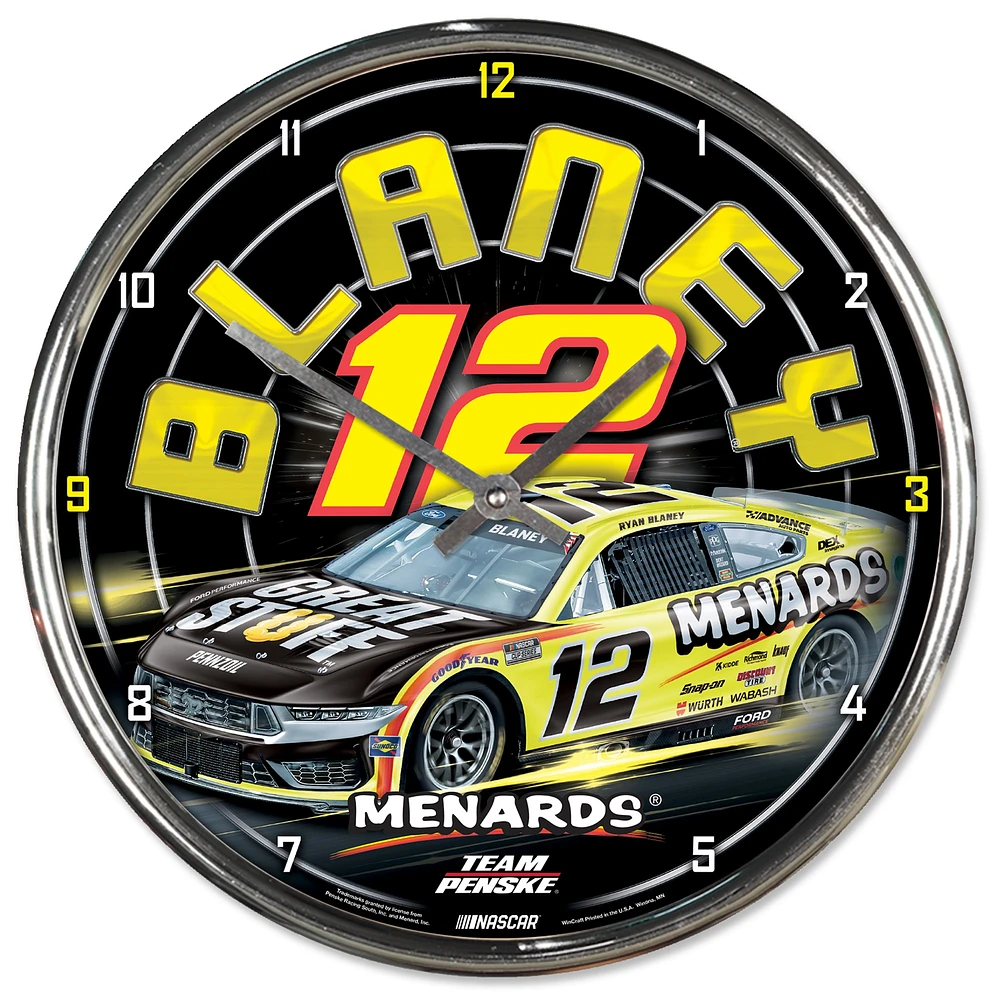 Horloge murale chromée WinCraft Ryan Blaney Menards 12''