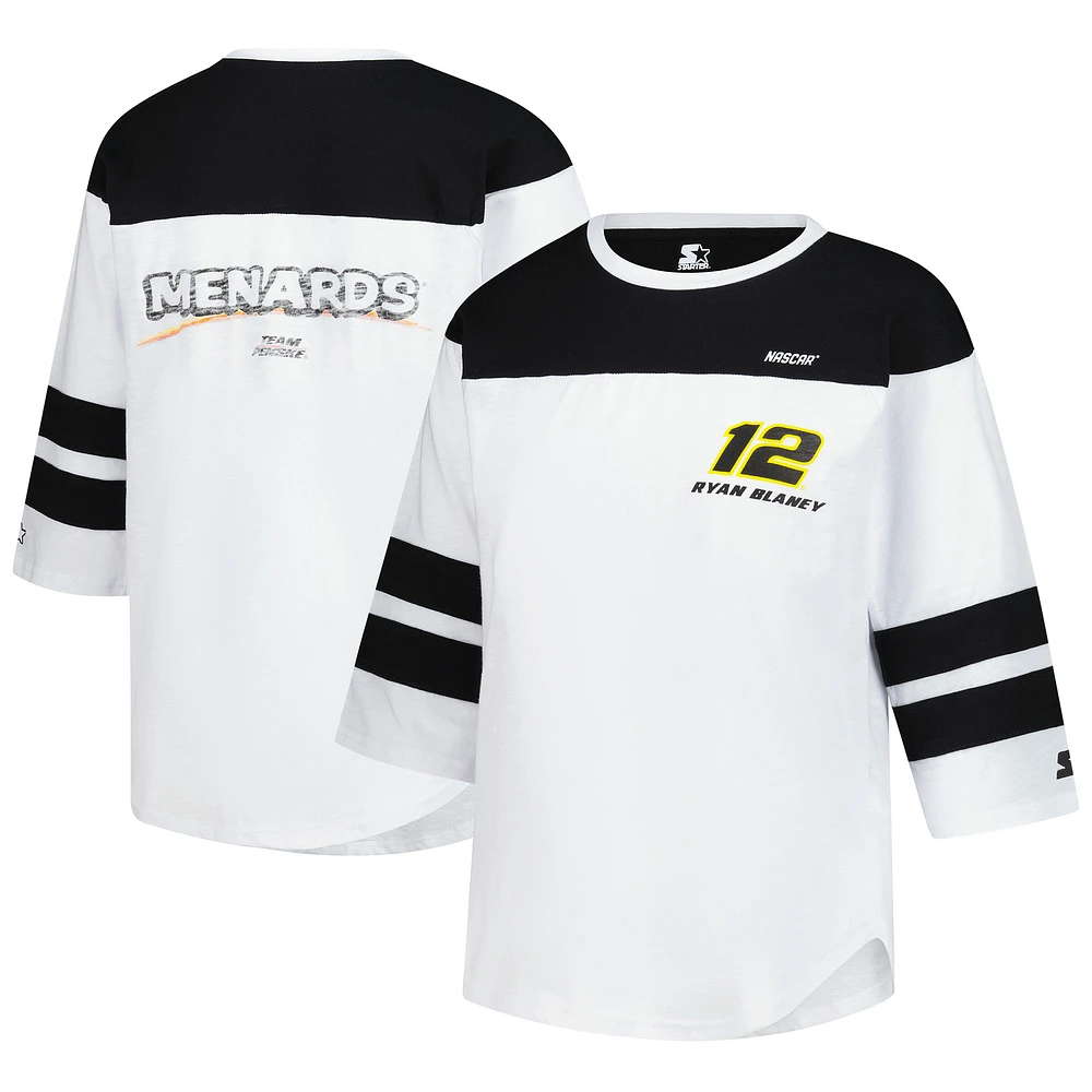 Women's Starter  White Ryan Blaney Grand Slam 3/4-Sleeve T-Shirt