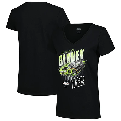 T-shirt à col en V noir Ryan Blaney Menards Racer de l'équipe Penske pour femmes