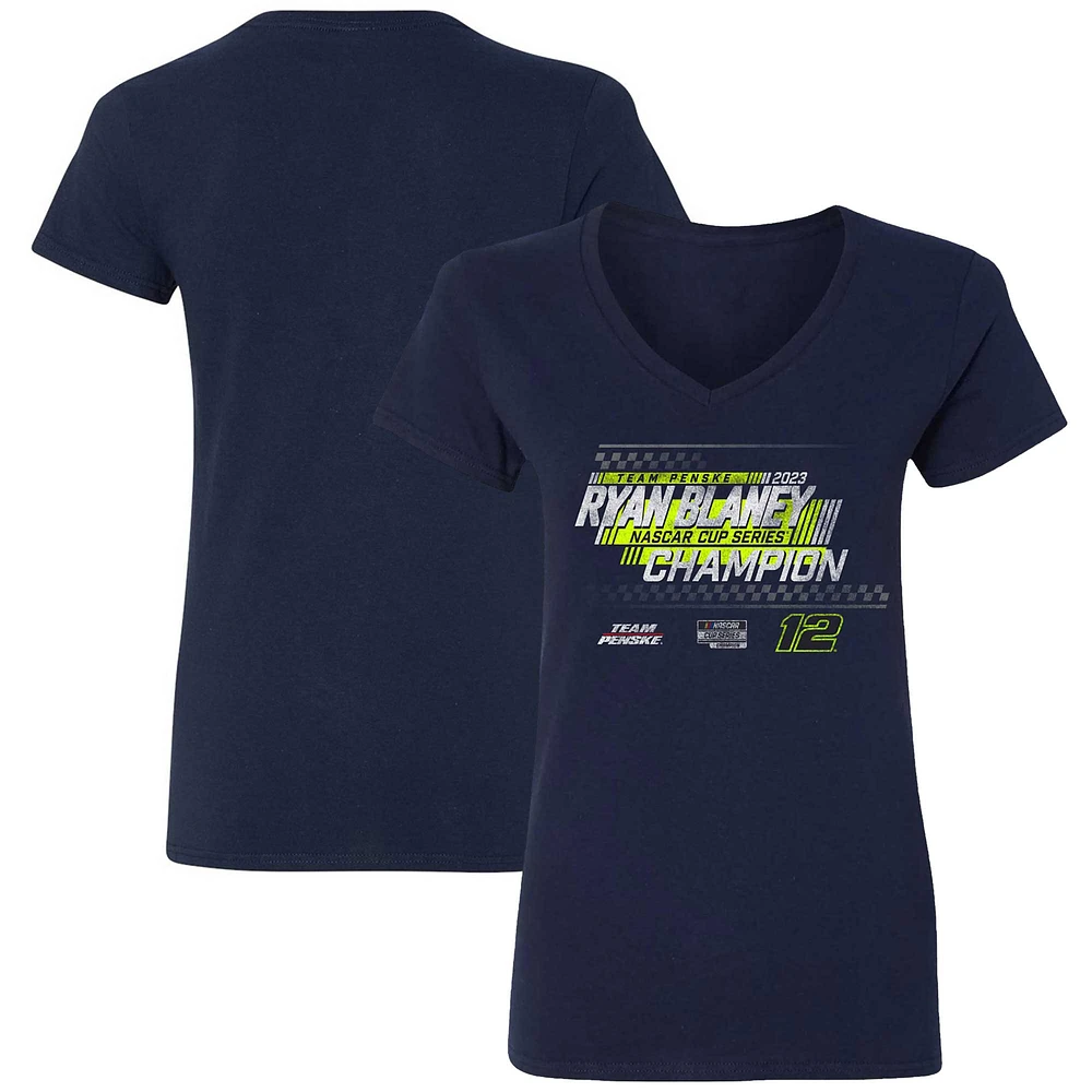 T-shirt à col en V pour femmes Team Penske Navy Ryan Blaney 2023 NASCAR Cup Series Champion Speed