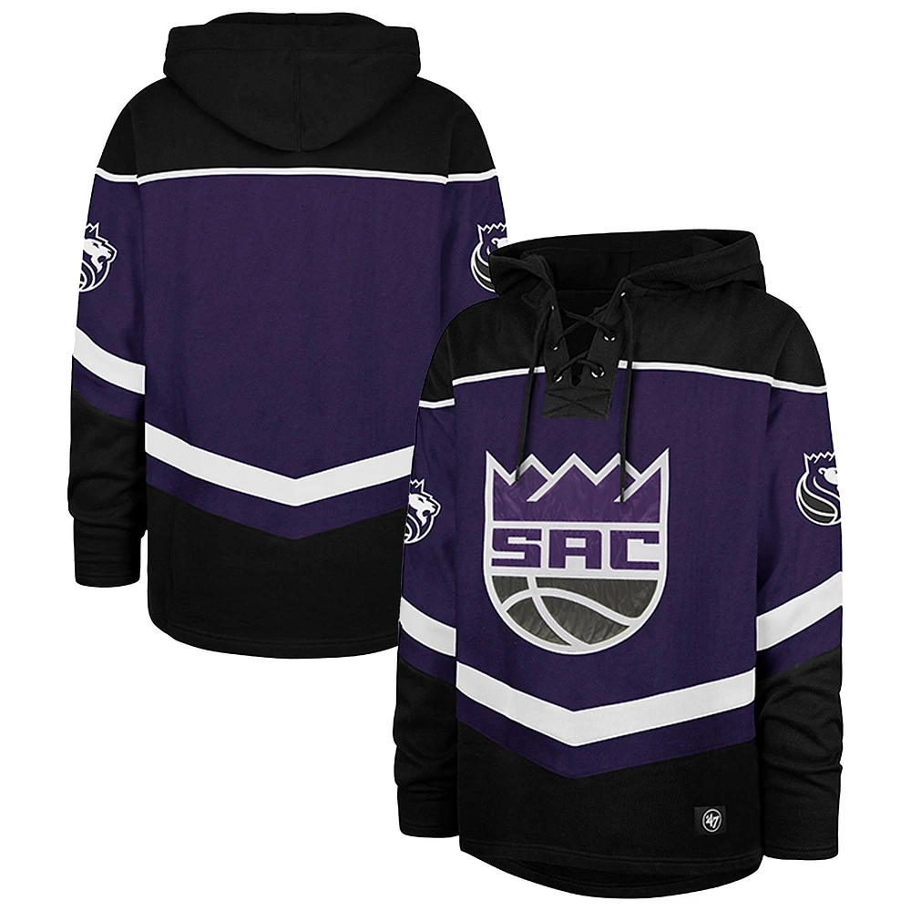 Men's '47 Black Sacramento Kings Oversized Tri-Satin Layup Lacer Pullover Hoodie