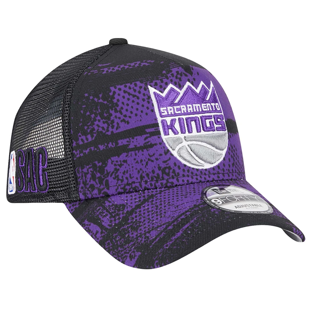 Men's New Era Black/Purple Sacramento Kings Tip Off A-Frame Trucker 9FORTY Adjustable Hat