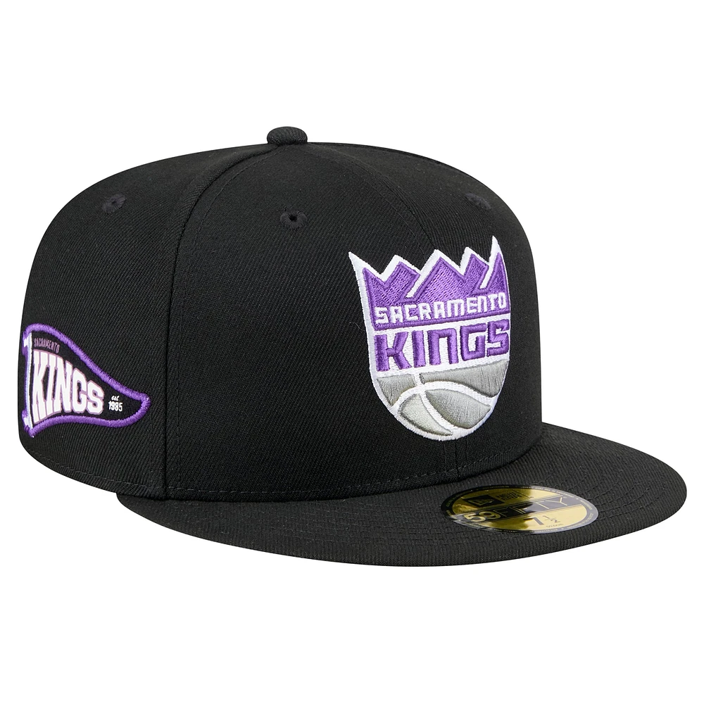 Men's New Era Black Sacramento Kings Throwback Pennant 59FIFTY Fitted Hat