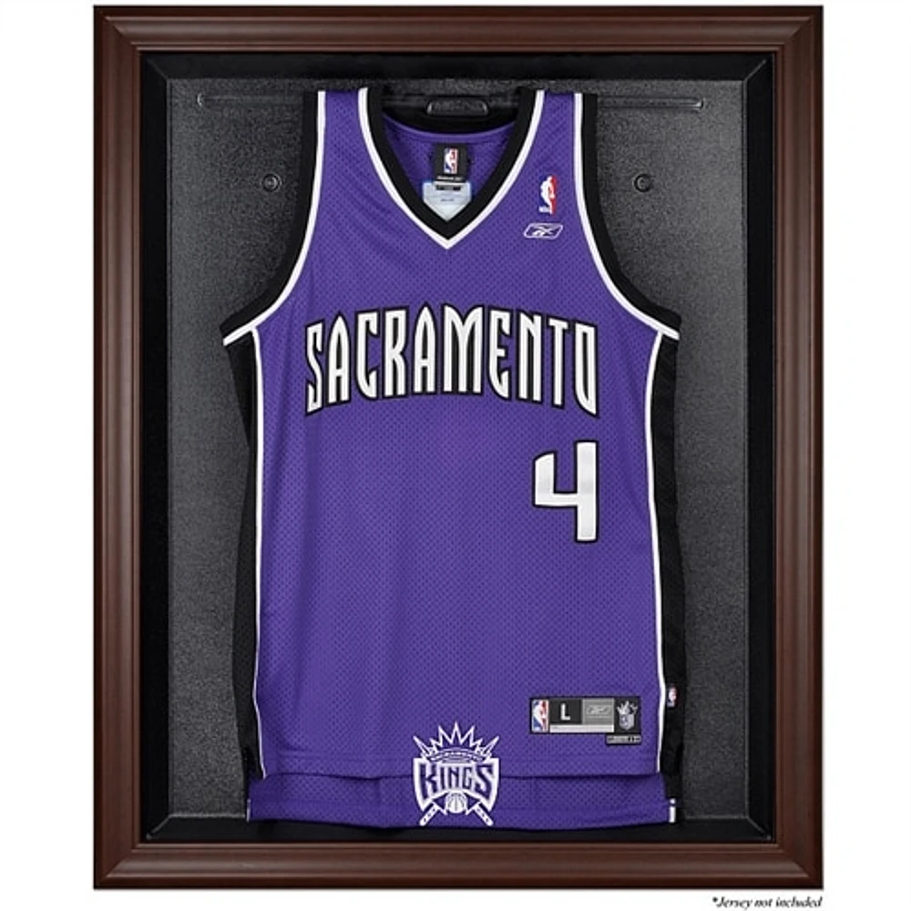 Vitrine de présentation du maillot de l'équipe Sacramento Kings 1994-2016 avec logo en bois dur marron