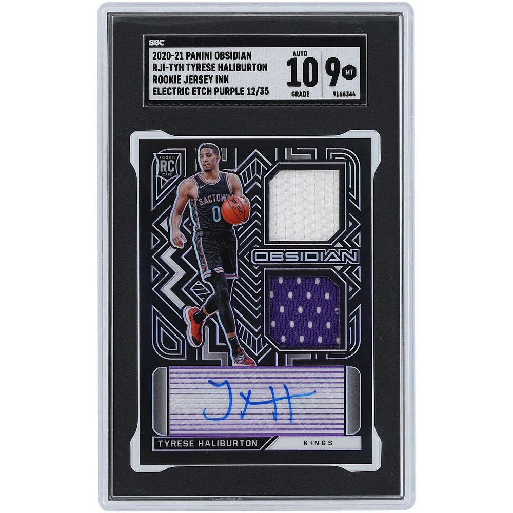 Maillot de recrue violet autographié Panini Obsidian Electric Etch 2020-21 de Tyrese Haliburton Sacramento Kings, encre bicolore double relique #RJI-TYH #12/35 SGC, carte authentifiée 9/10