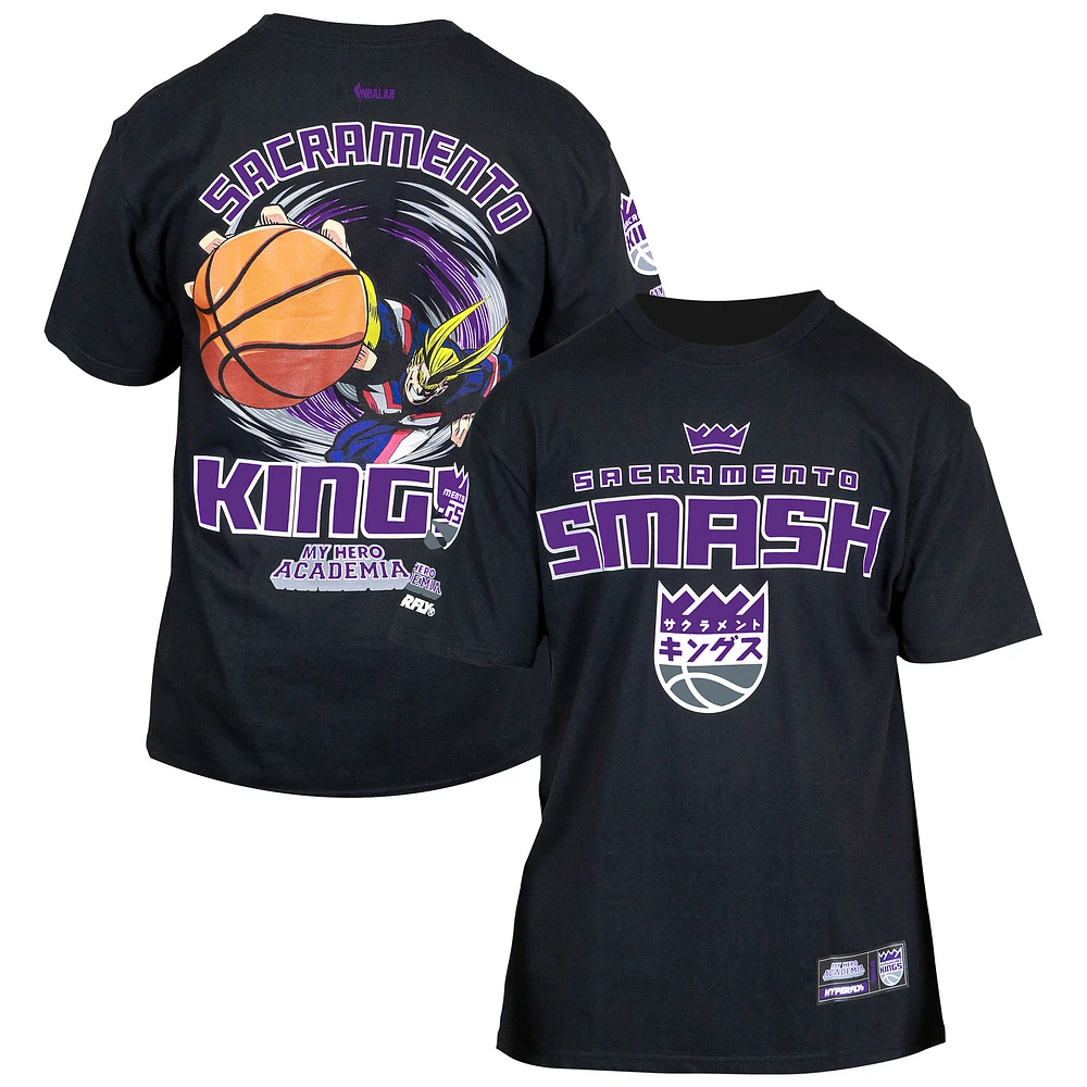 T-shirt unisexe Hyperfly noir Sacramento Kings NBA x My Hero Academia All Might Smash