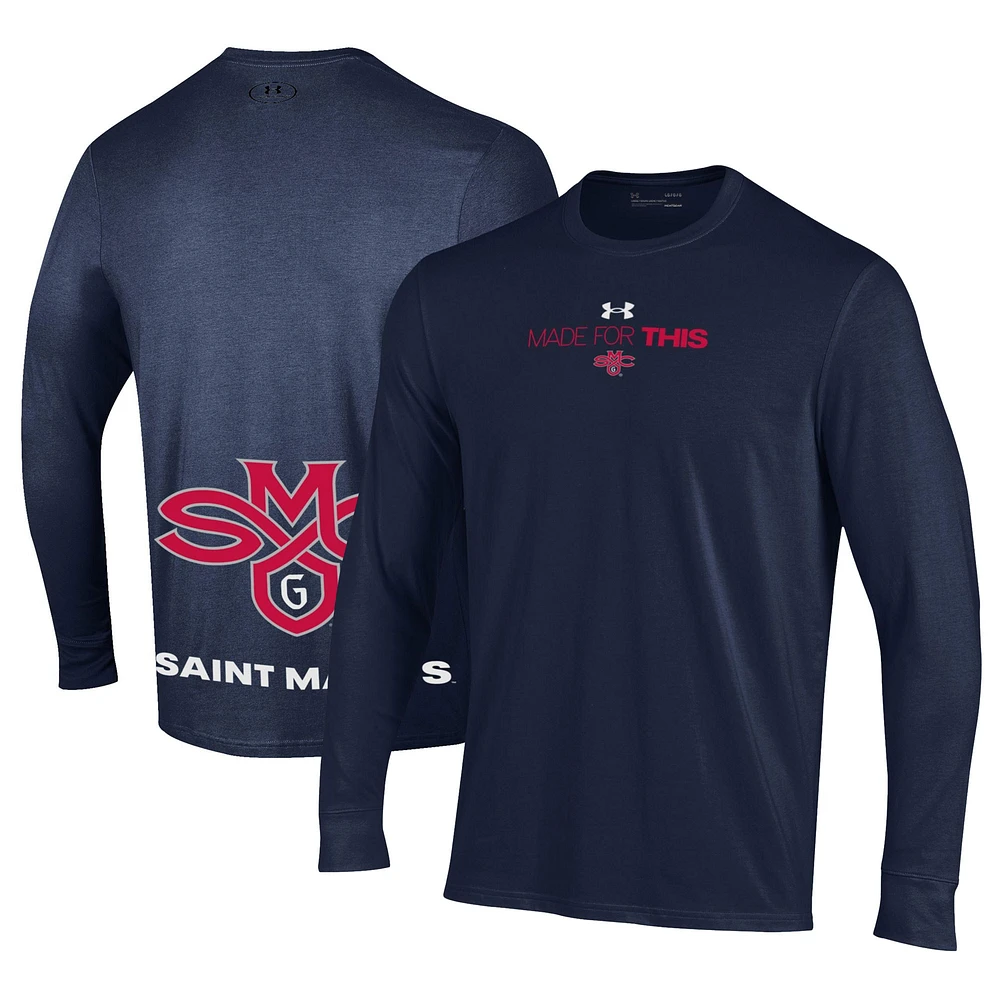 T-shirt à manches longues Under Armour pour hommes, bleu marine, Saint Mary's Gaels 2024 On-Court Bench Unity Performance