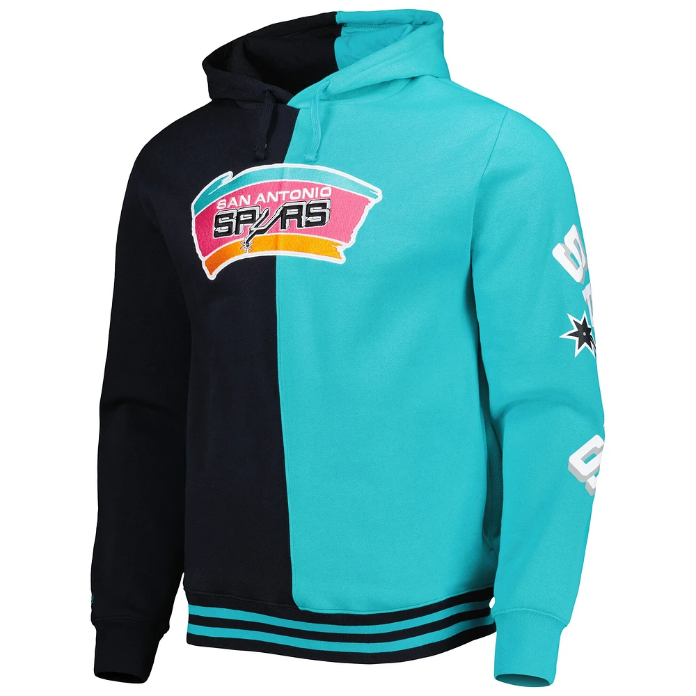 Men's Mitchell & Ness Black/Teal San Antonio Spurs Hardwood Classics Split Pullover Hoodie