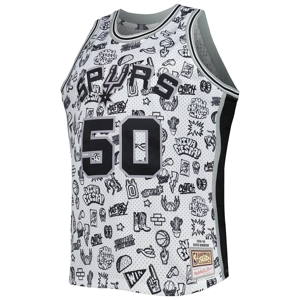 Maillot Homme Mitchell & Ness David Robinson Blanc San Antonio Spurs 1998/99 Hardwood Classics Doodle Swingman Player