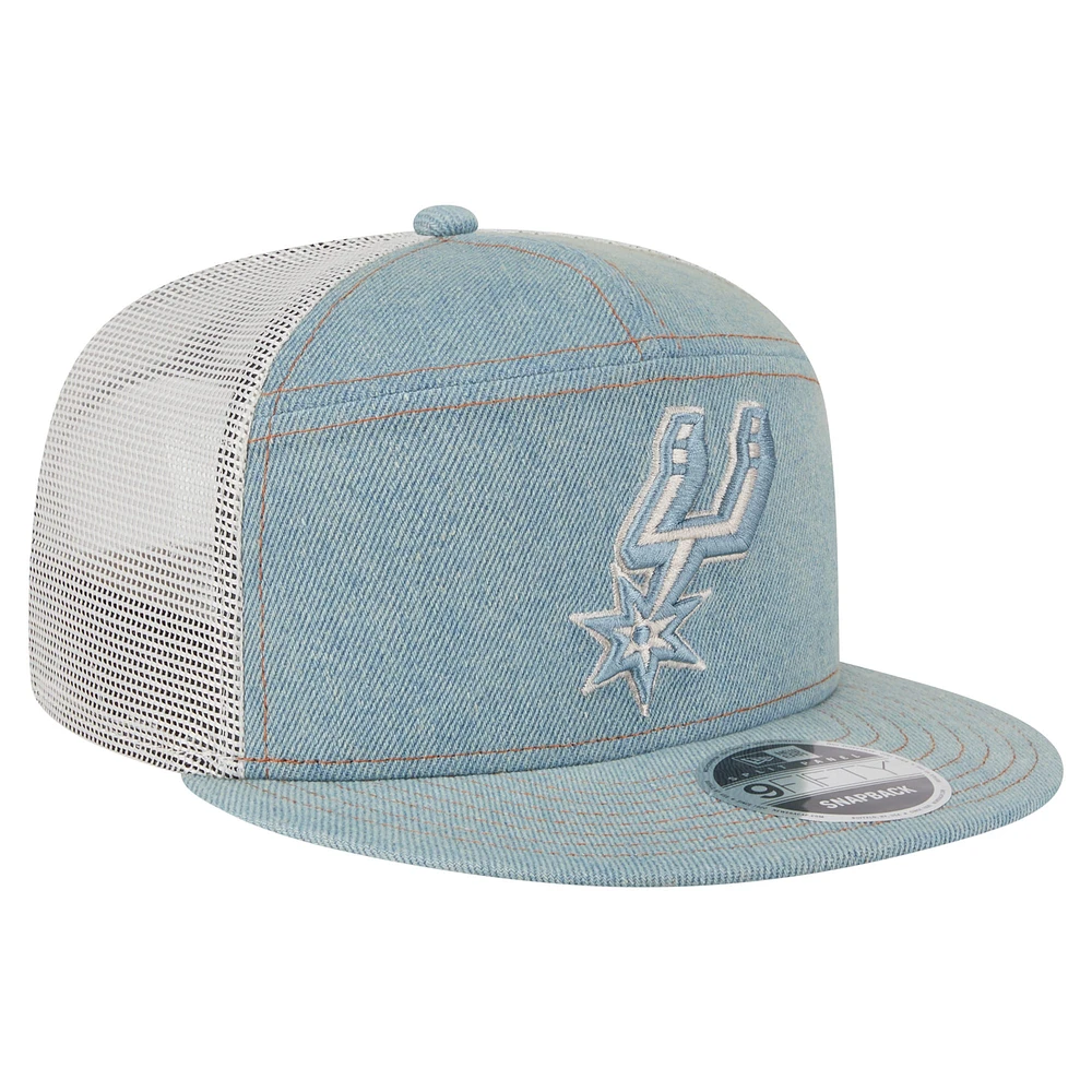 Men's New Era San Antonio Spurs Adventure Denim Split Panel 9FIFTY Snapback Trucker Hat