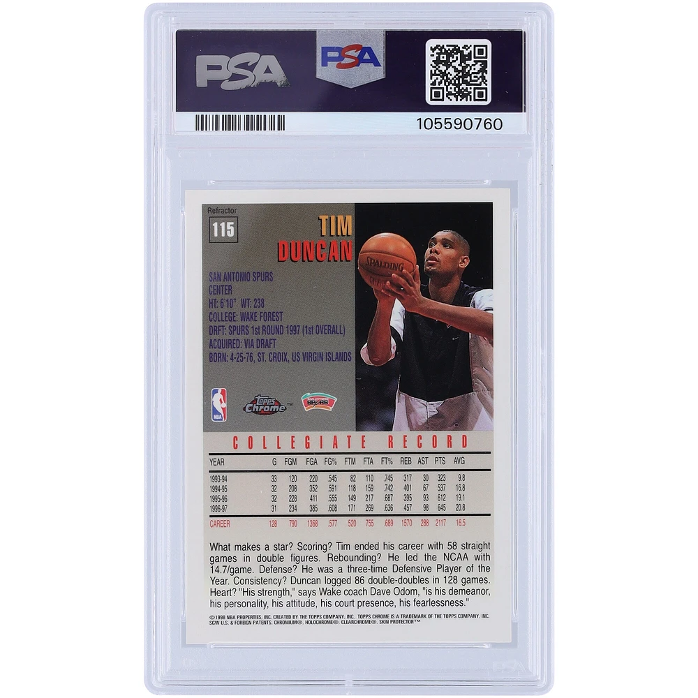 Tim Duncan San Antonio Spurs 1997 Topps Chrome Refractor #115 PSA Authentifiée 9 Carte Rookie