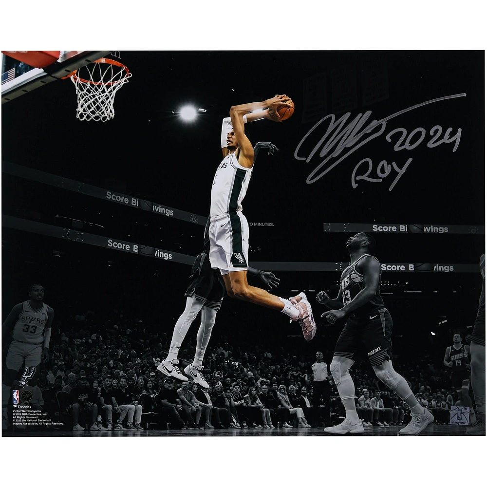 Victor Wembanyama San Antonio Spurs Autographed 16" x 20" Dunk vs. Phoenix Suns Spotlight Photograph with "2024 ROY" Inscription
