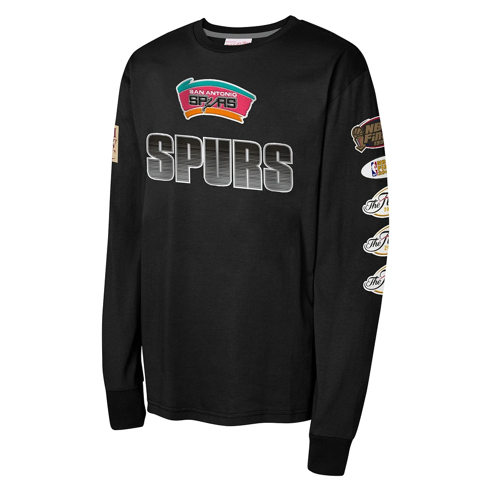 T-shirt à manches longues noir Hardwood Classics All Over de Mitchell & Ness pour jeunes des San Antonio Spurs