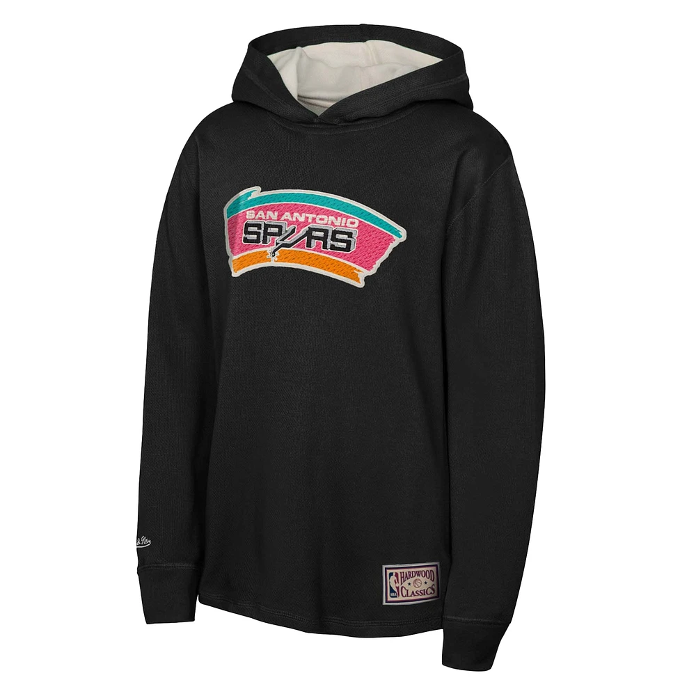 Youth Mitchell & Ness Black San Antonio Spurs Hardwood Classics Lightweight Thermal Long Sleeve Hoodie T-Shirt