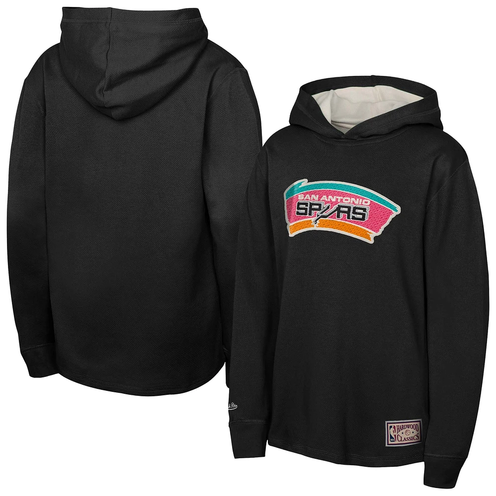 Youth Mitchell & Ness Black San Antonio Spurs Hardwood Classics Lightweight Thermal Long Sleeve Hoodie T-Shirt