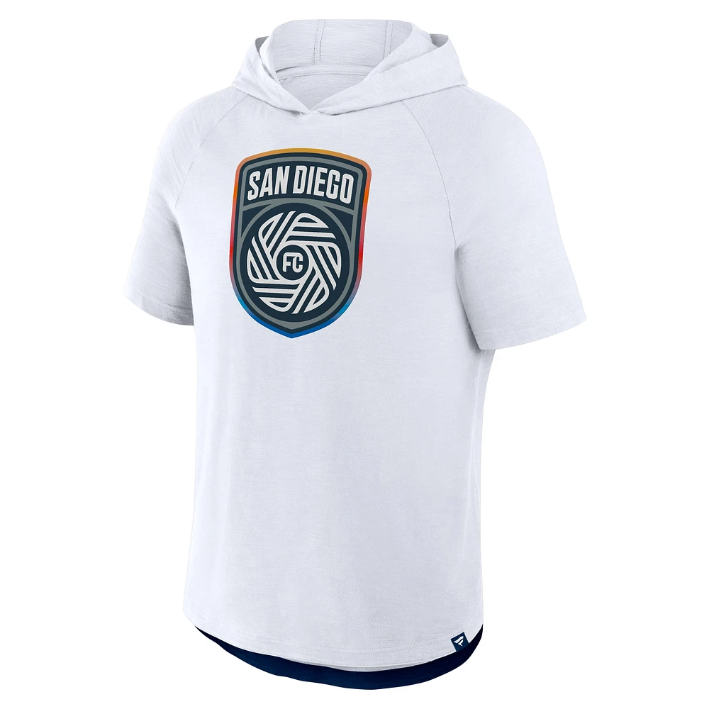 Men's Fanatics White San Diego FC Hat Trick Stadium Slub Raglan Short Sleeve Pullover Hoodie