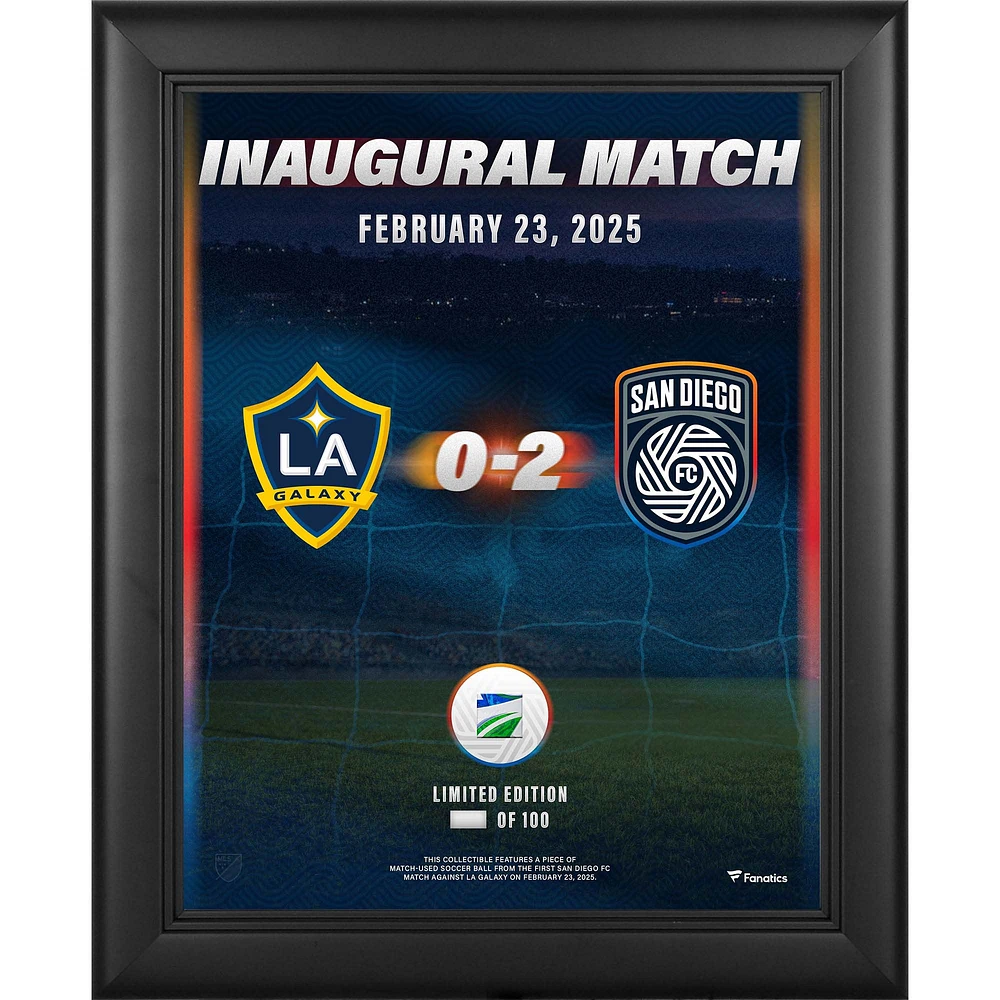 Collage encadré du San Diego FC 13" x 16" : Match inaugural contre le LA Galaxy le 23 février 2025 avec un morceau de ballon de football utilisé lors du match - Édition limitée à 100 exemplaires